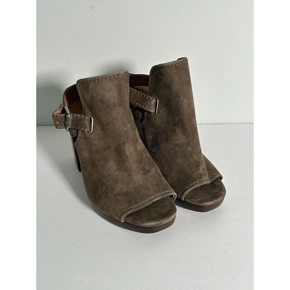 Frye Karissa Shield Slingback Sandals Mid Heel Peep Toe Suede Dark Taupe Size 9